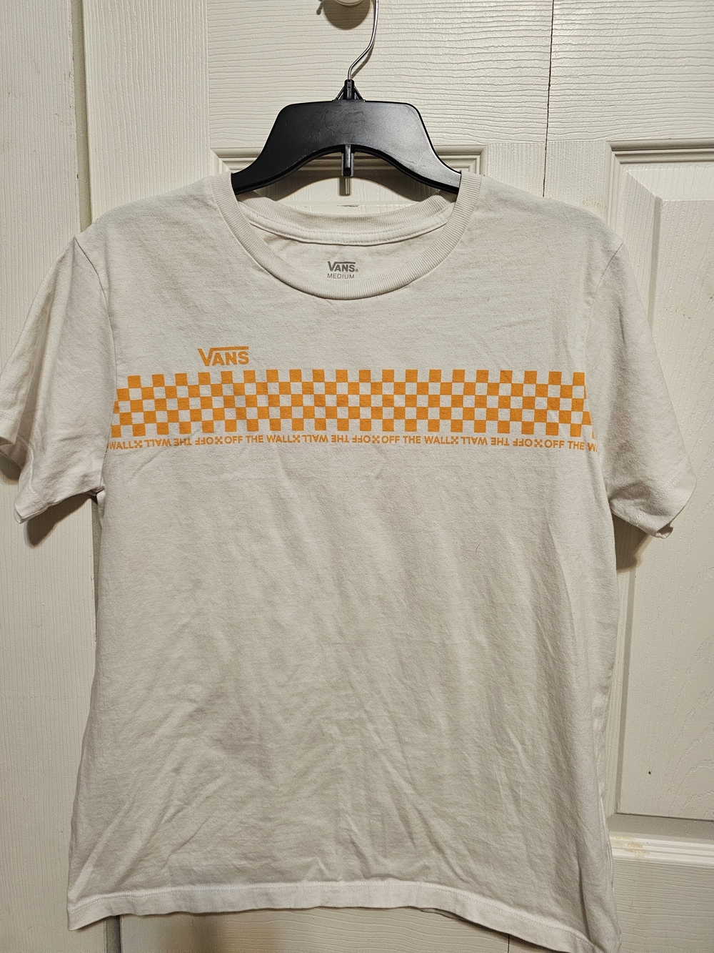 Vans Men’s White Short-Sleeve Tee with Orange Checker Stripe 2 Sided